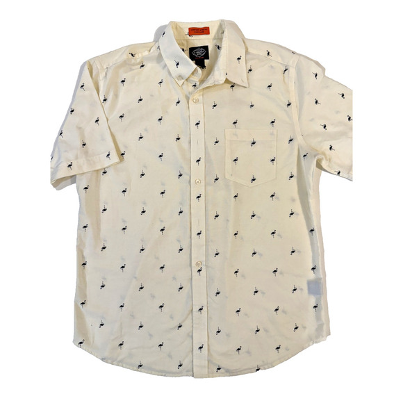St Johns Bay Shirt Mens Large Navy Flamingo Print Button Up Short Sleeve Casual - Picture 1 of 4